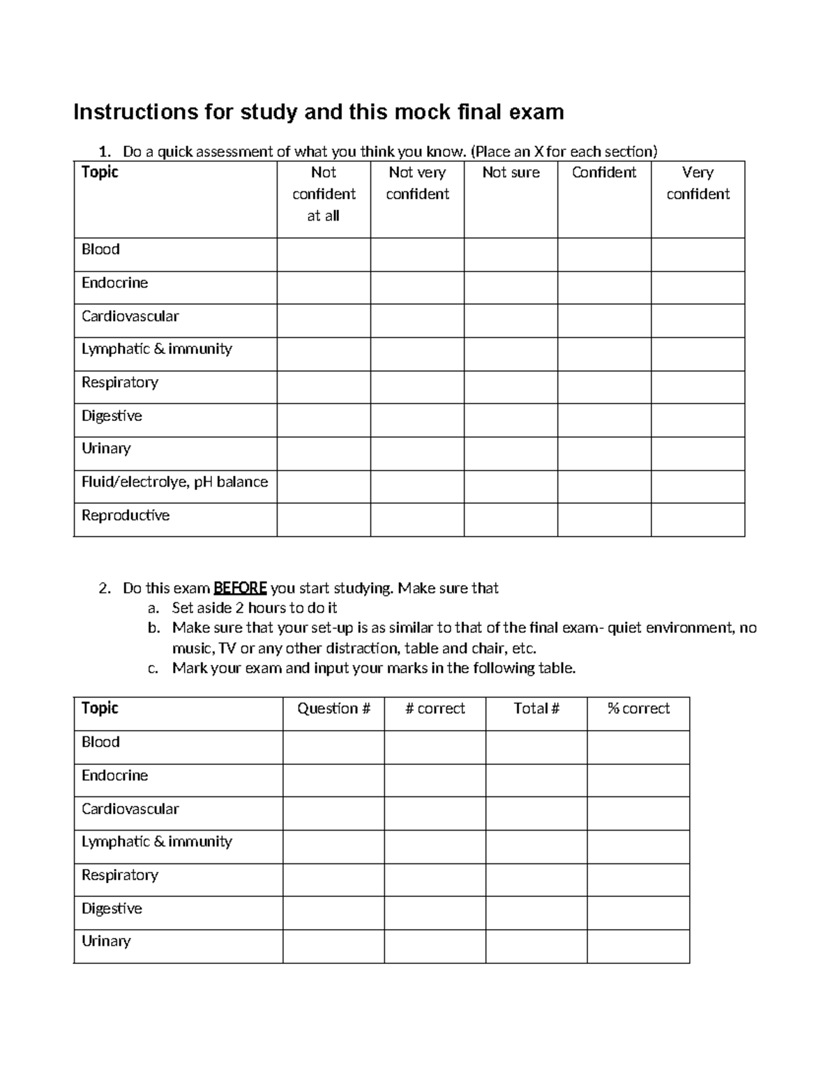 Mock final exam - Instructions for study and this mock final exam 1. Do ...
