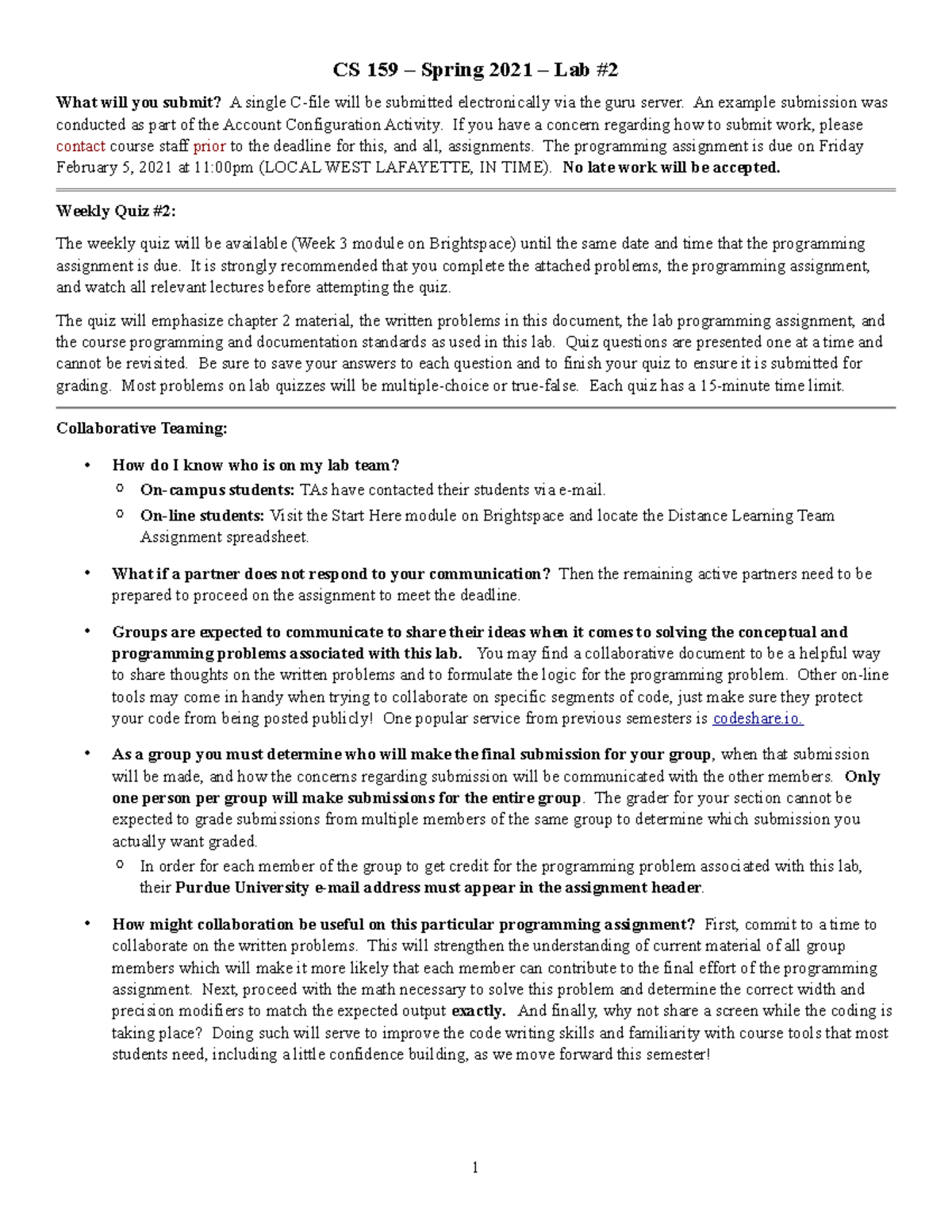 Lab02 - CS159 Lab 2 True Or False Questions - CS 159 – Spring 2021 ...