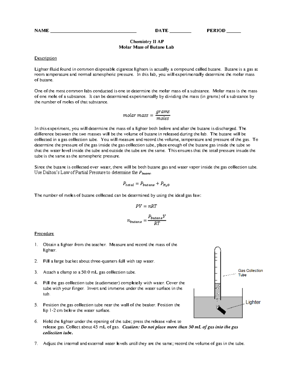 Molar Mass Butane Name Date Period 0659