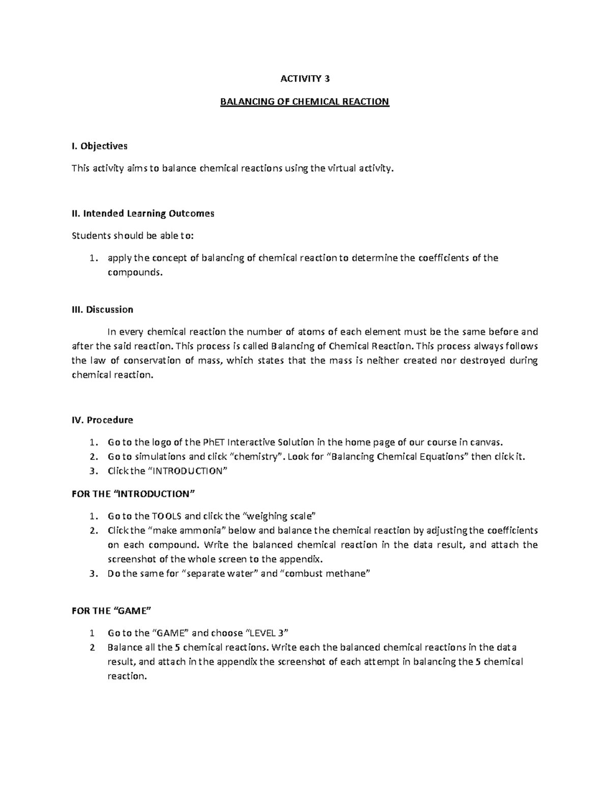 Activity 3 - Balancing of Chemical Reaction - Chemistry for Engineers ...