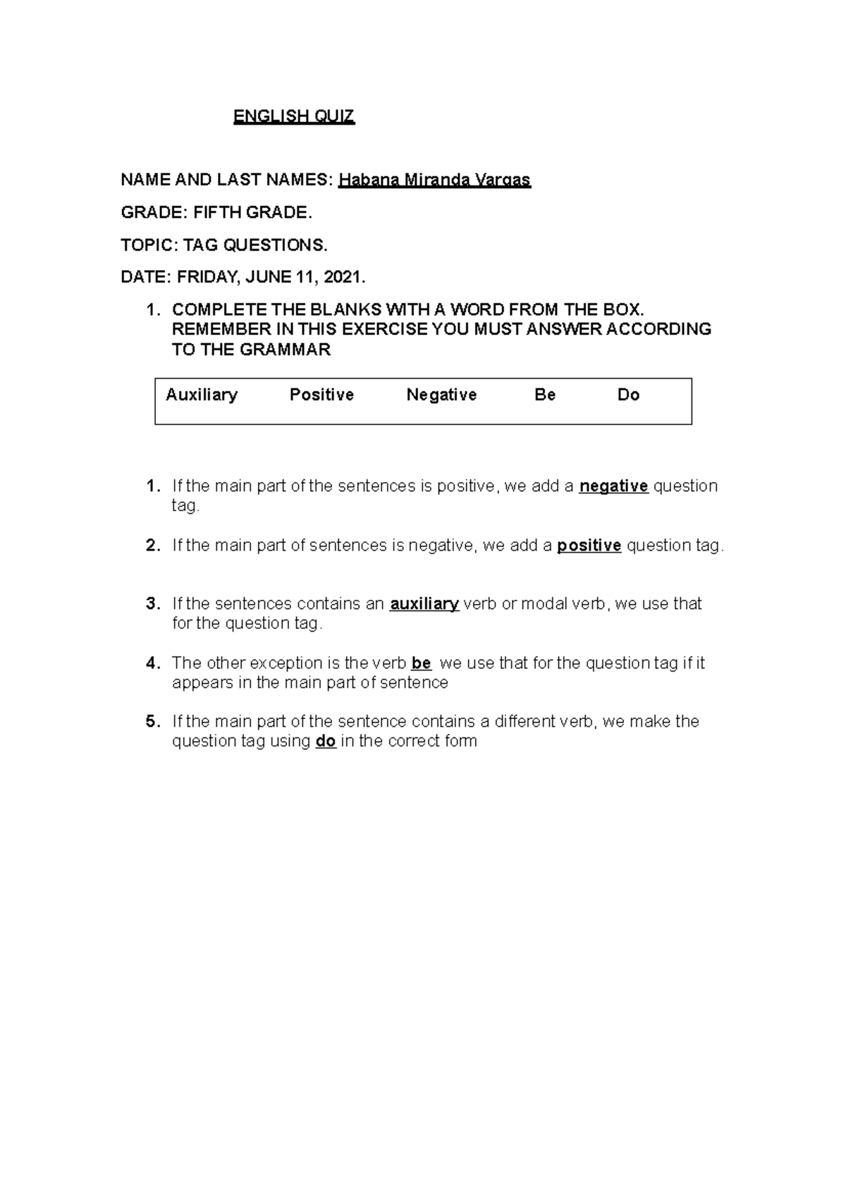 Task English QUIZ S15 S01 Dialogo completo ENGLISH QUIZ NAME AND LAST