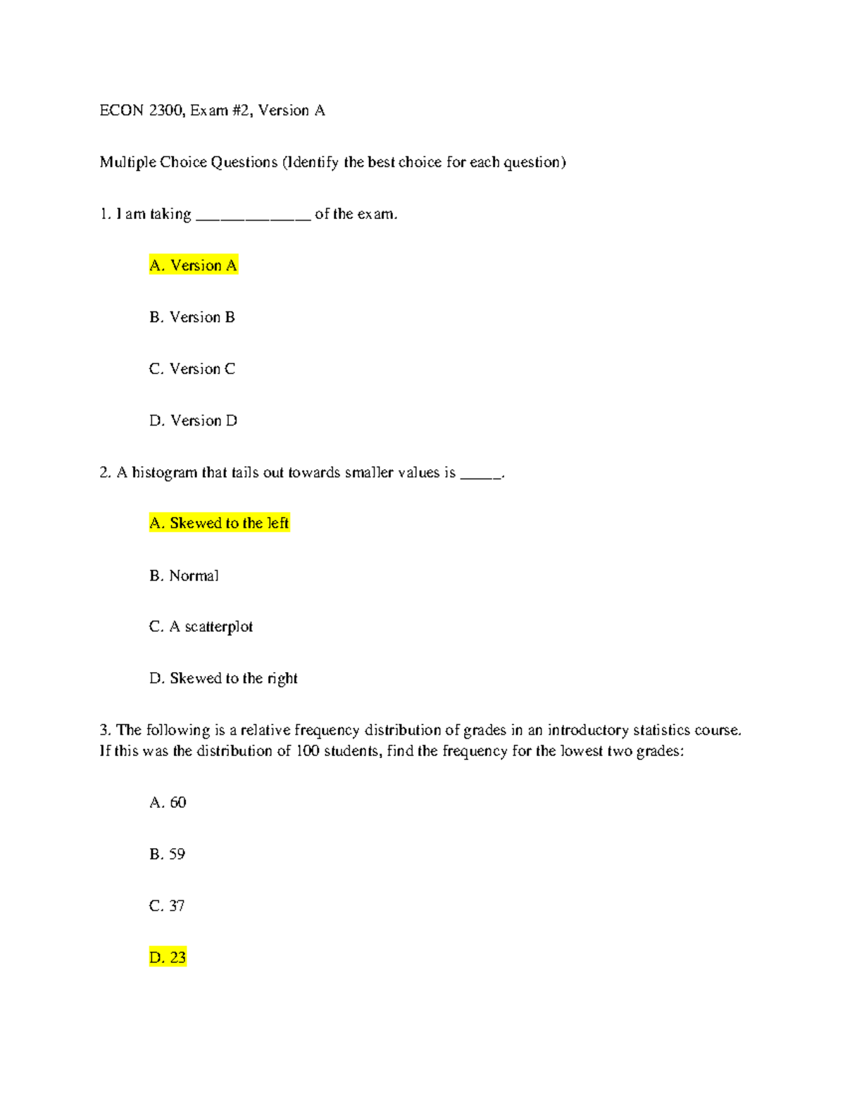 ECON 2300, Exam #2, Version A - ECON 2300, Exam #2, Version A Multiple ...