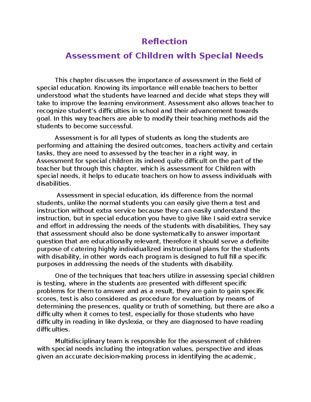 Assessment of Children with Special Needs - Reflection Assessment of ...