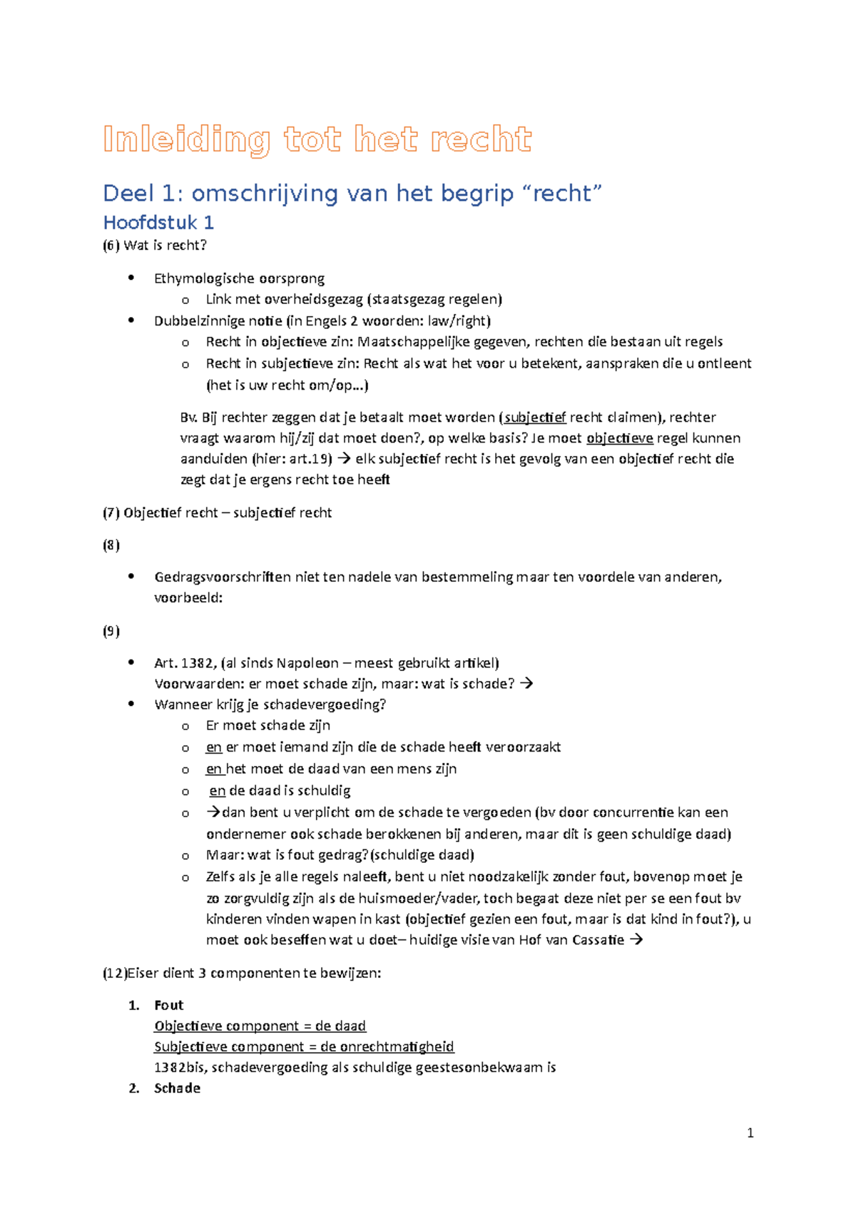 Recht notities De woorden in het vet, zijn de titels van de