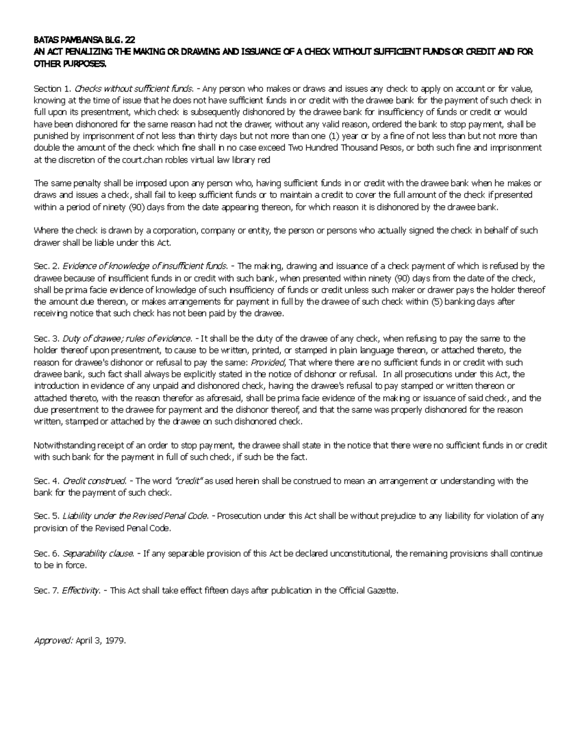 Batas Pambansa BLG - bp 22 - BATAS PAMBANSA BLG. 22 AN ACT PENALIZING ...