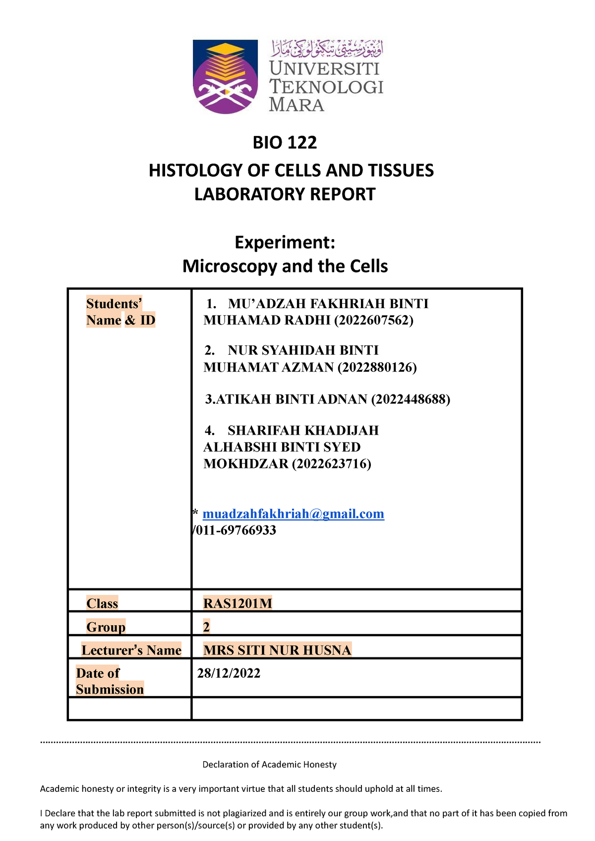 LAB Report Biology Group 2 - BIO 122 HISTOLOGY OF CELLS AND TISSUES ...