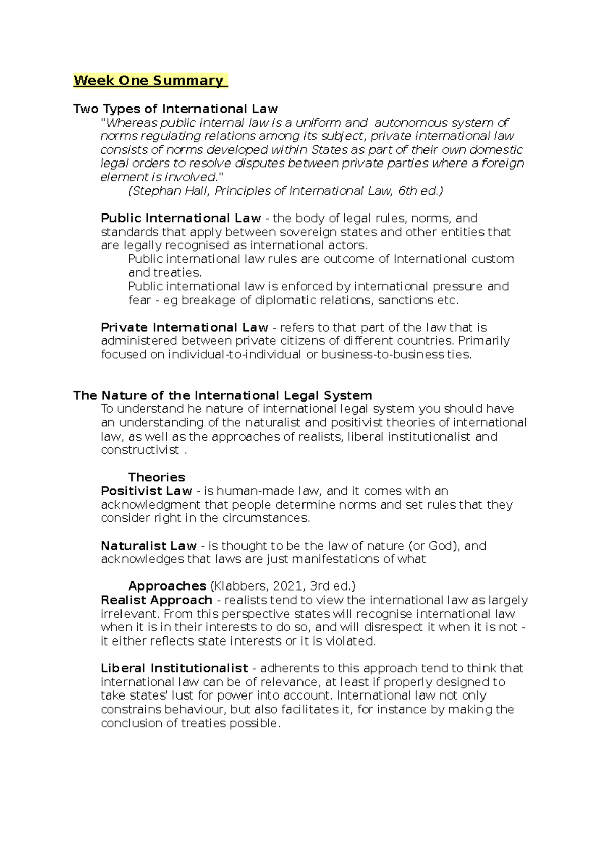 LLB141 Introduction to International Law - Week 1 Summary - Week One ...