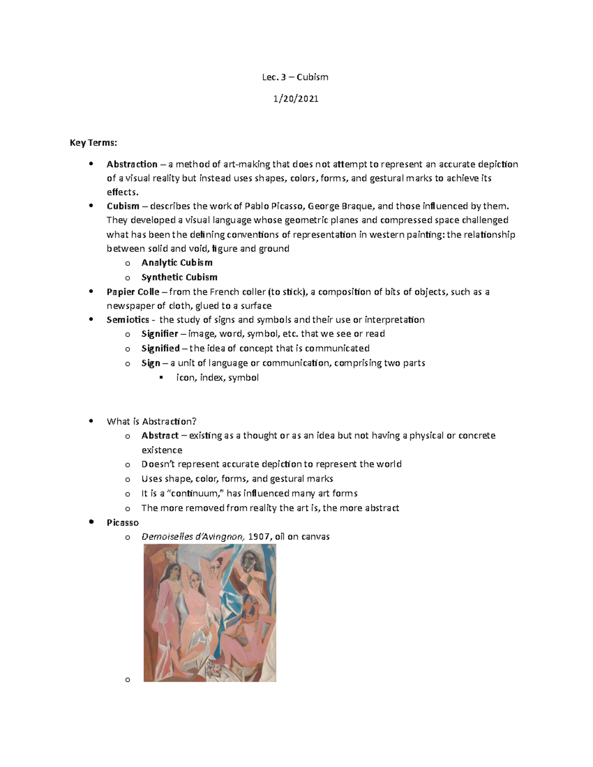 Lec 3 - Cubism - Lecture notes 3 - Lec. 3 – Cubism 1/20/ Key Terms ...
