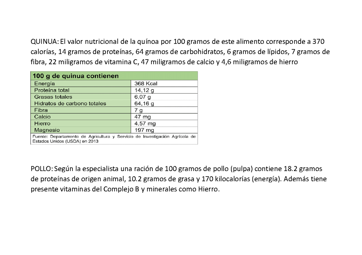 Trabaho DE DPCC Trabajo de DPCC QUINUA El valor nutricional de la quínoa por 100 gramos de