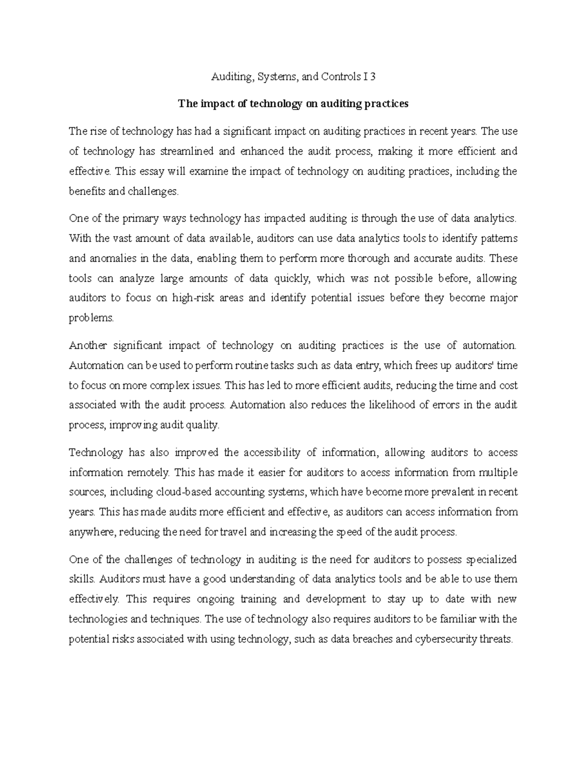Auditing, Systems, and Controls I 3 - The impact of technology on ...