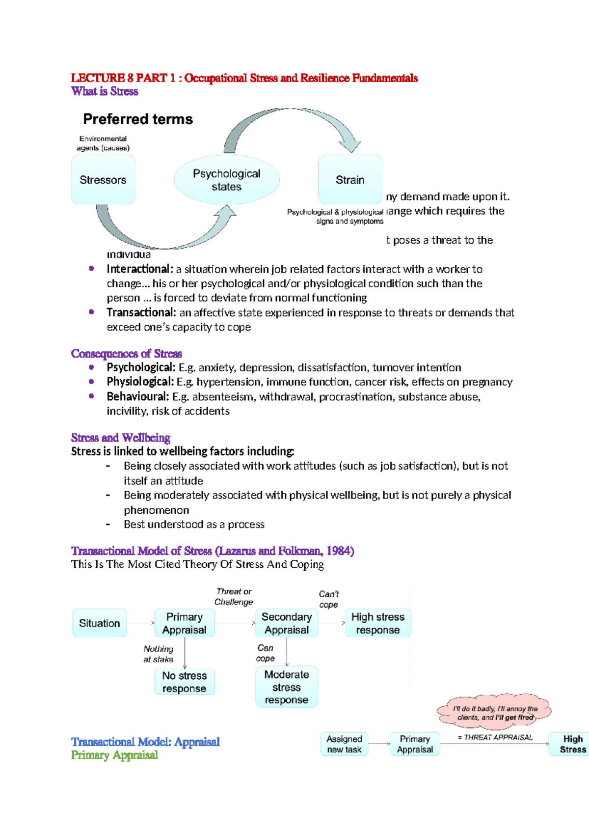 Lecture 8 notes - LECTURE 8 PART 1 : Occupational Stress and Resilience ...