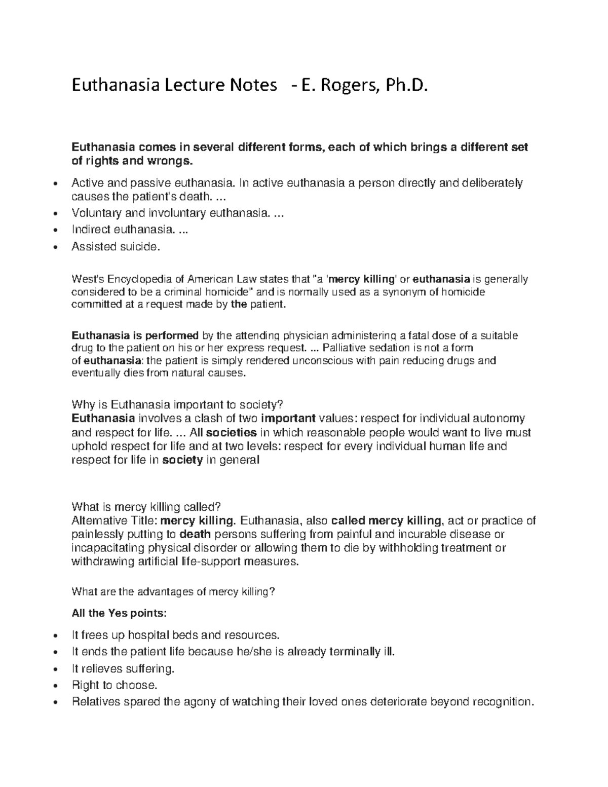 Euthanasia Lecture Notes Part 1 - Euthanasia Lecture Notes - E. Rogers ...