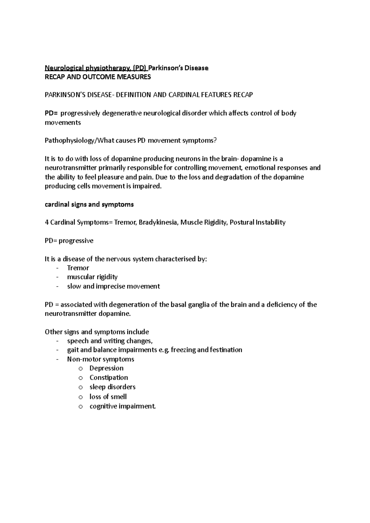 Neurological physiotherapy, (PD) Parkinson’s Disease Recap AND Measures Neurological