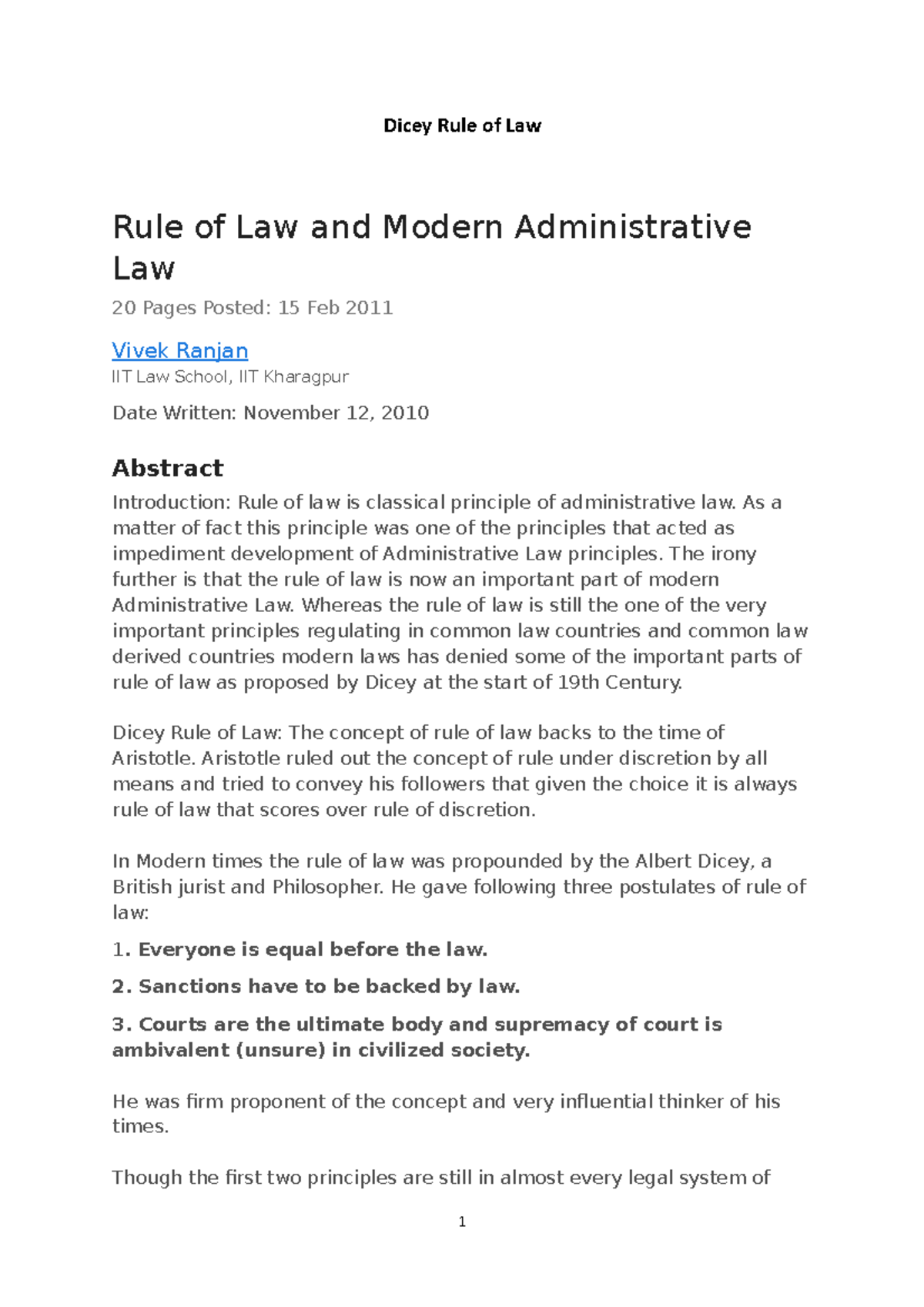 Dicey Rule of Law Dicey Rule of Law Rule of Law and Modern