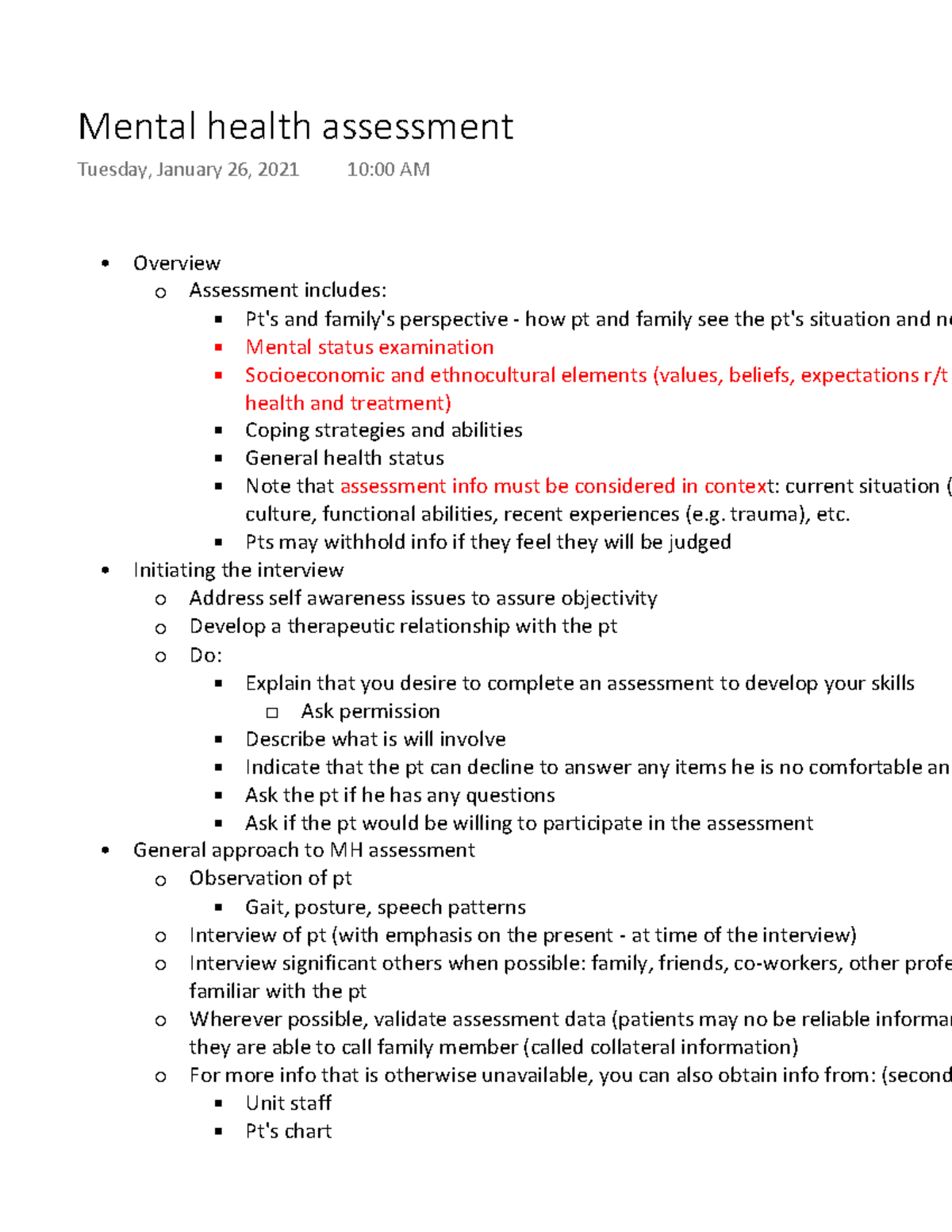 Mental Health Assessment - Overview Assessment Includes: § Pt's And ...