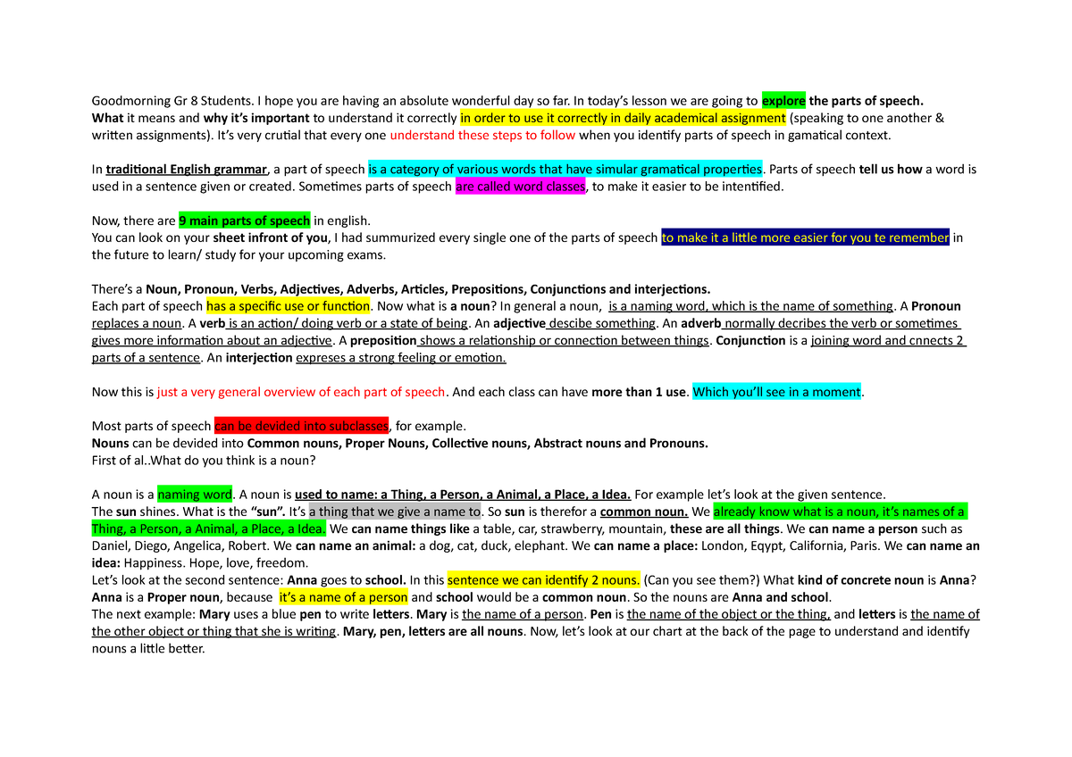 Nouns Parts of Speech Anke print Goodmorning Gr 8 Students. I