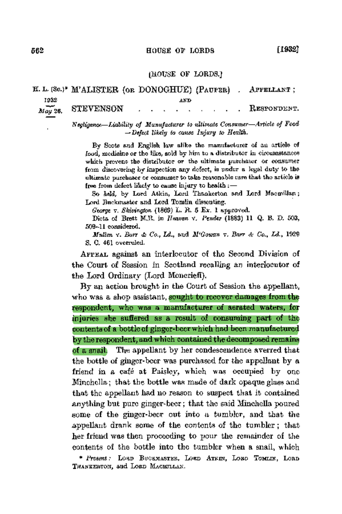 Donoghue v Stevenson -full case - LAW114 - Studocu