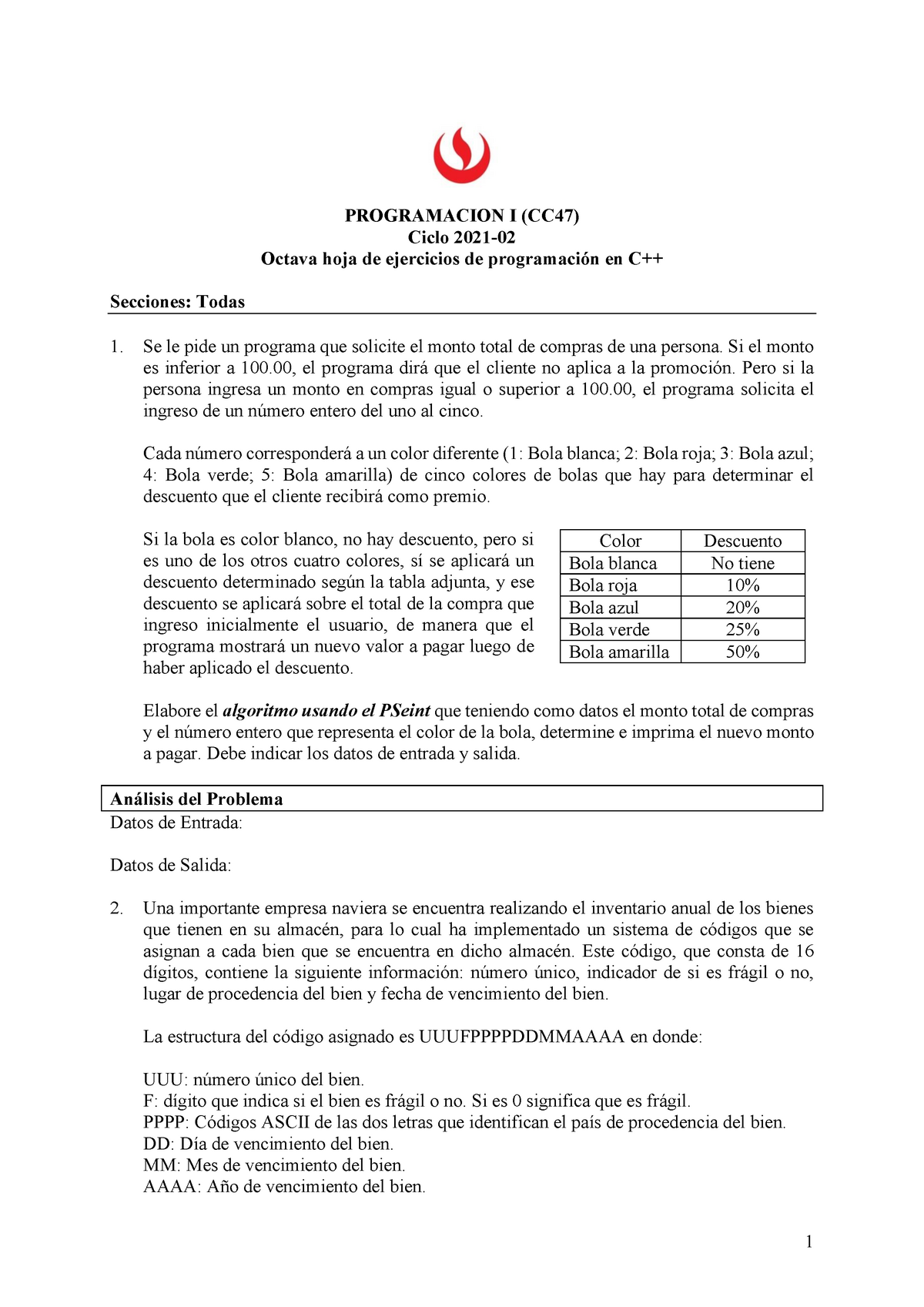 Hoja 08 De Ejercicios De Programación En C - 1 PROGRAMACION I (CC47 ...