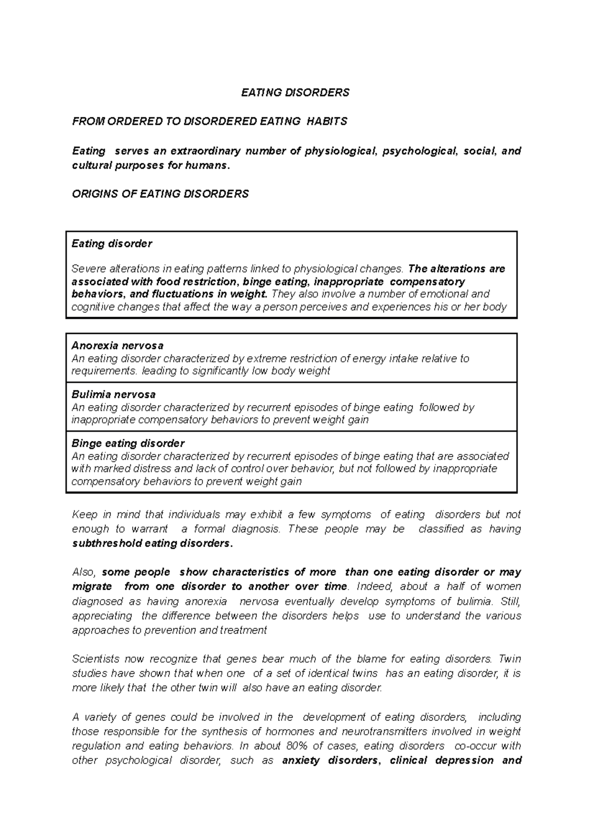 eating disorders assignment high school