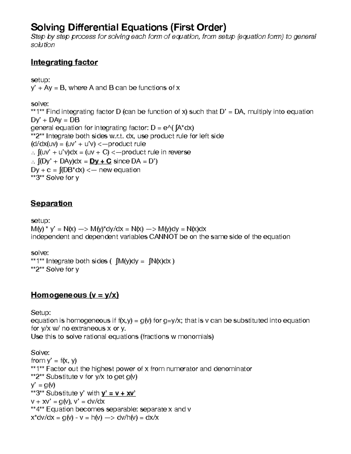 Diff Eq Solving First Order Solving Differential Equations First Order Step By Step Process For Solving Each Form Of Equation From Setup Equation Form To Studocu