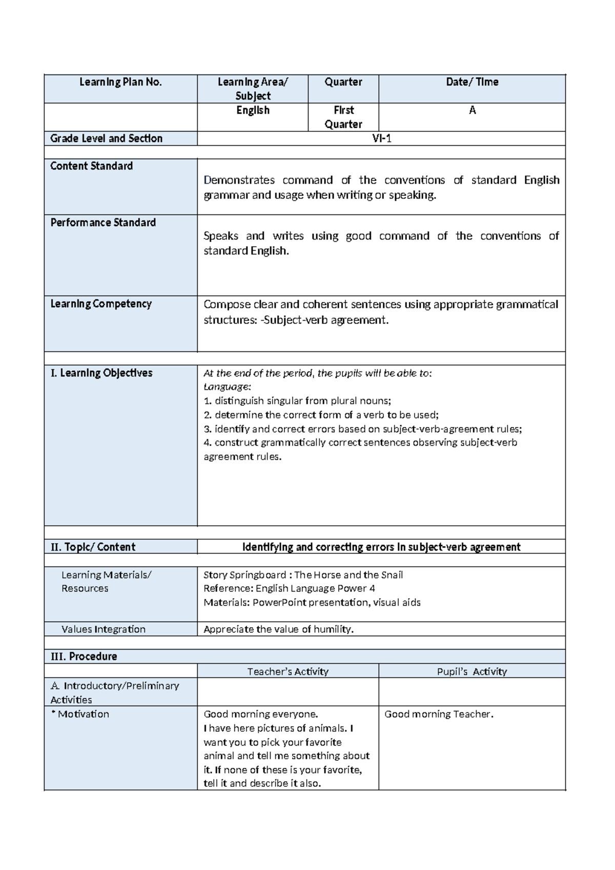 LP in language with story telling as springboard - Learning Plan No ...