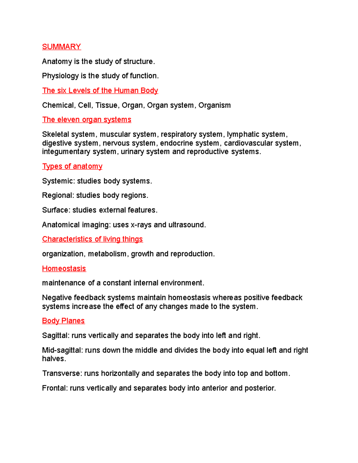 Chapter 1 Human Organism - SUMMARY Anatomy Is The Study Of Structure ...