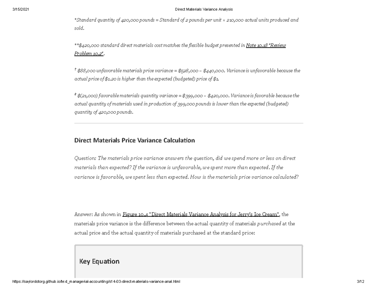 Direct Materials Variance Analysis - 3/15/2021 Direct Materials ...