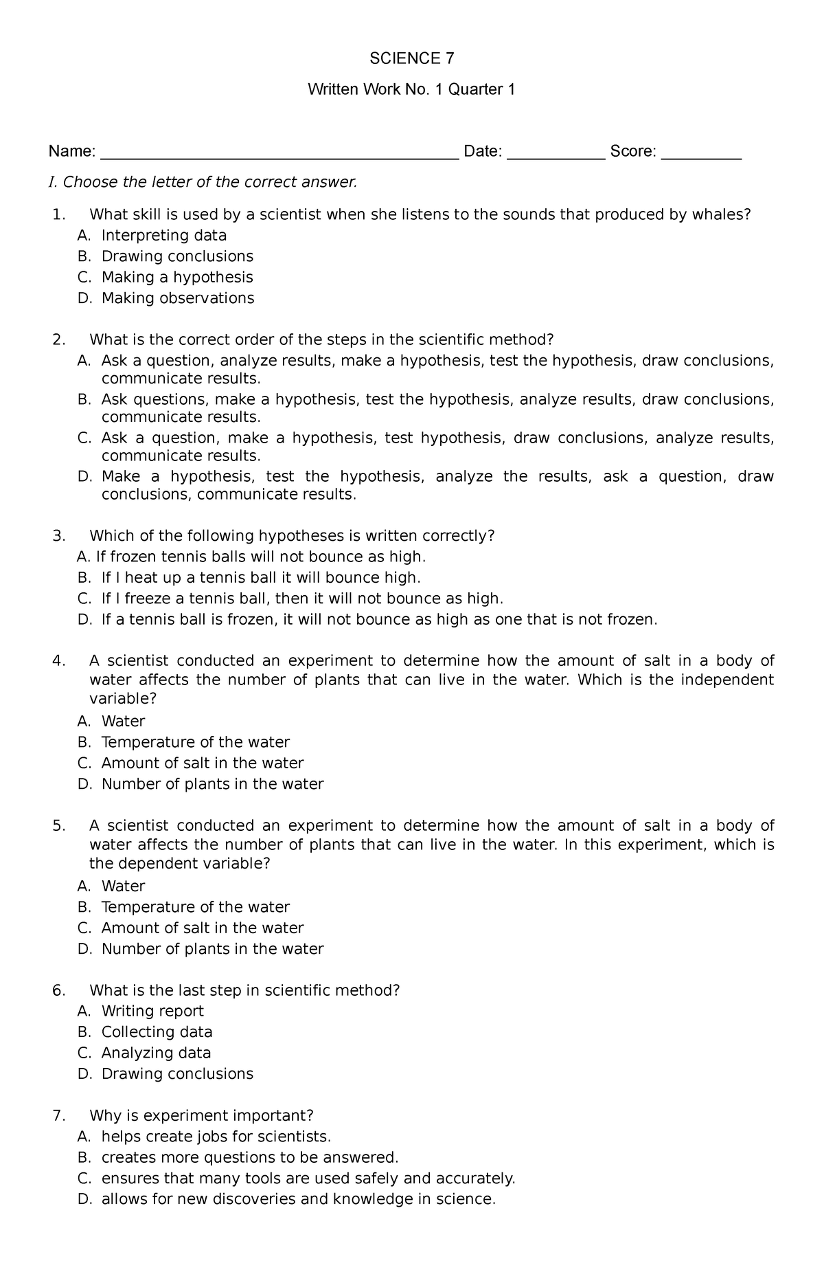 St- Science-7-no.-1 - Science 7 - Science 7 Written Work No. 1 Quarter 