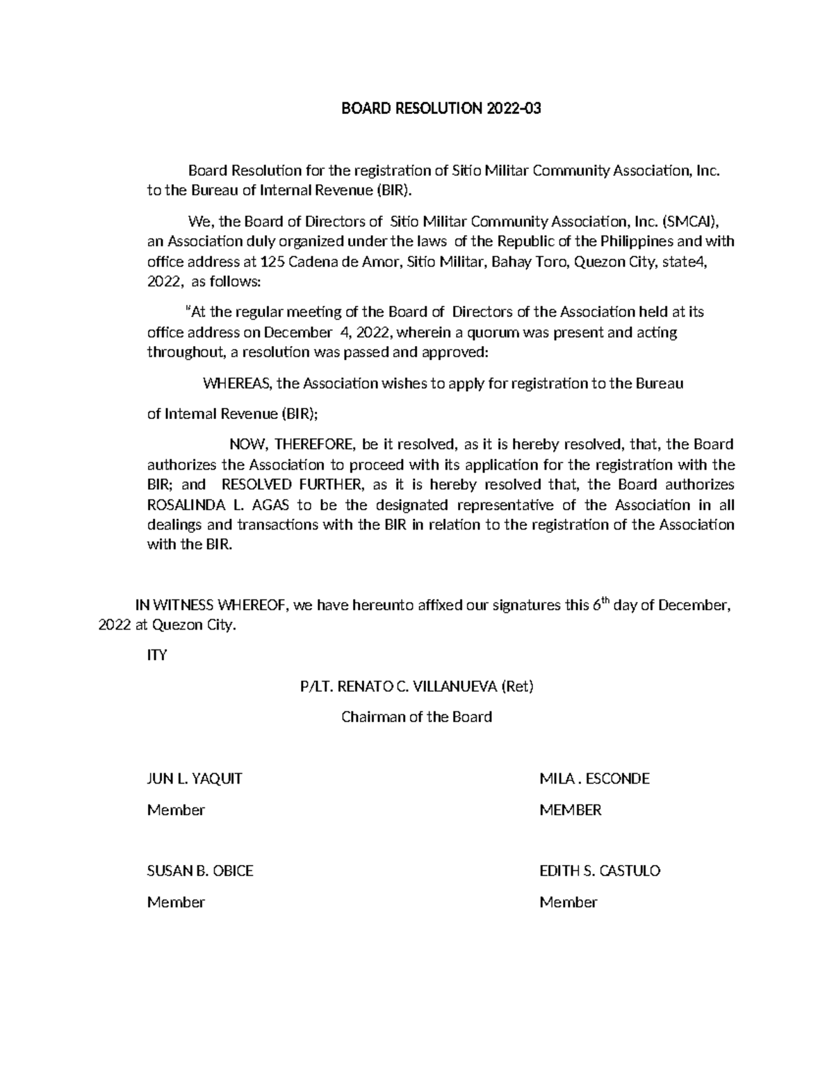 Board Resolution 2022 - BOARD RESOLUTION 2022- Board Resolution for the ...