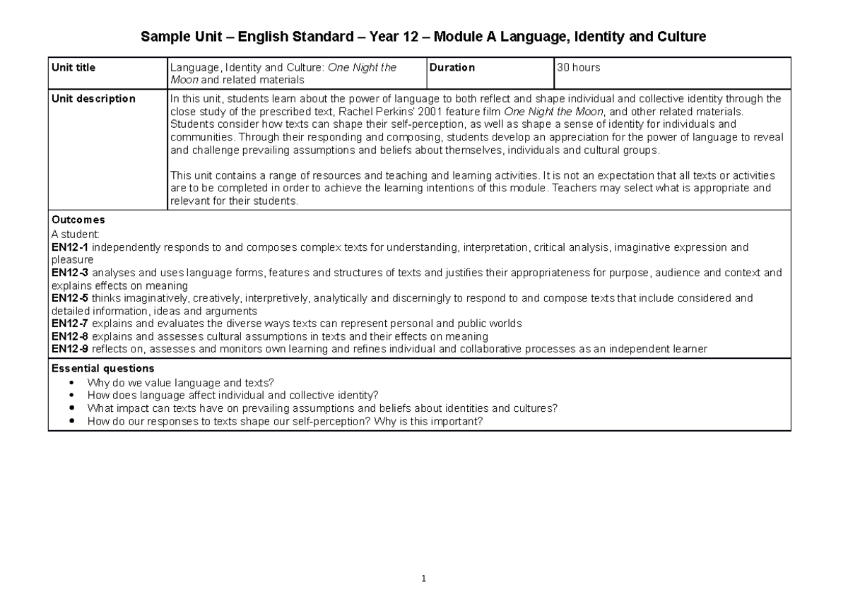 Module a standard language identity and culture - Sample Unit – English ...