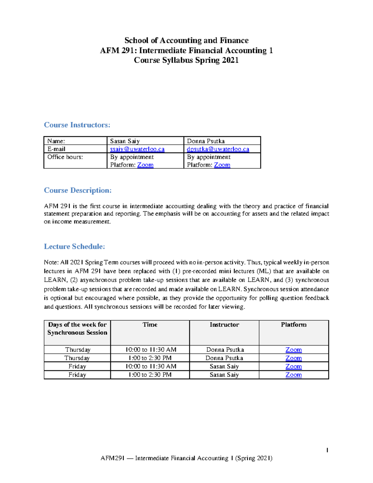 AFM 291 - Course Outline for the course - AFM 291 - UWaterloo - Studocu