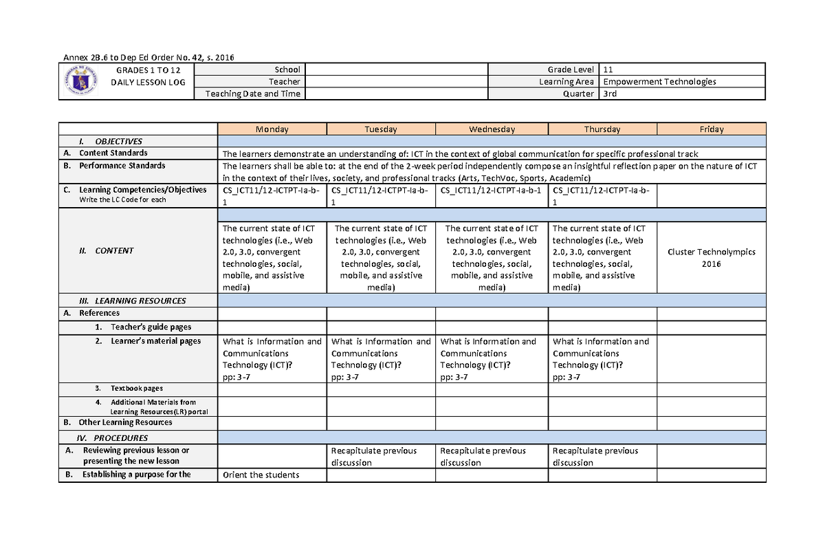 DLL Empowerment Technologies - Annex 2B to Dep Ed Order No. 42, s. 2016 ...