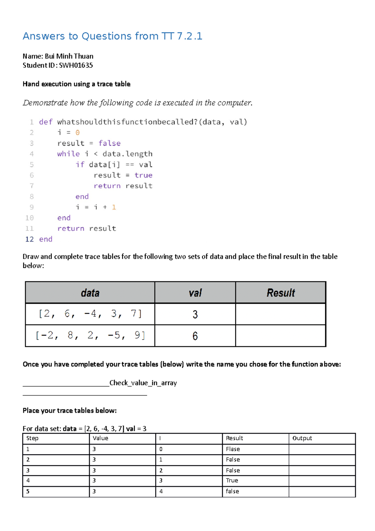 Tutorial Task - Hand execution - Array Search - Answers to Questions ...