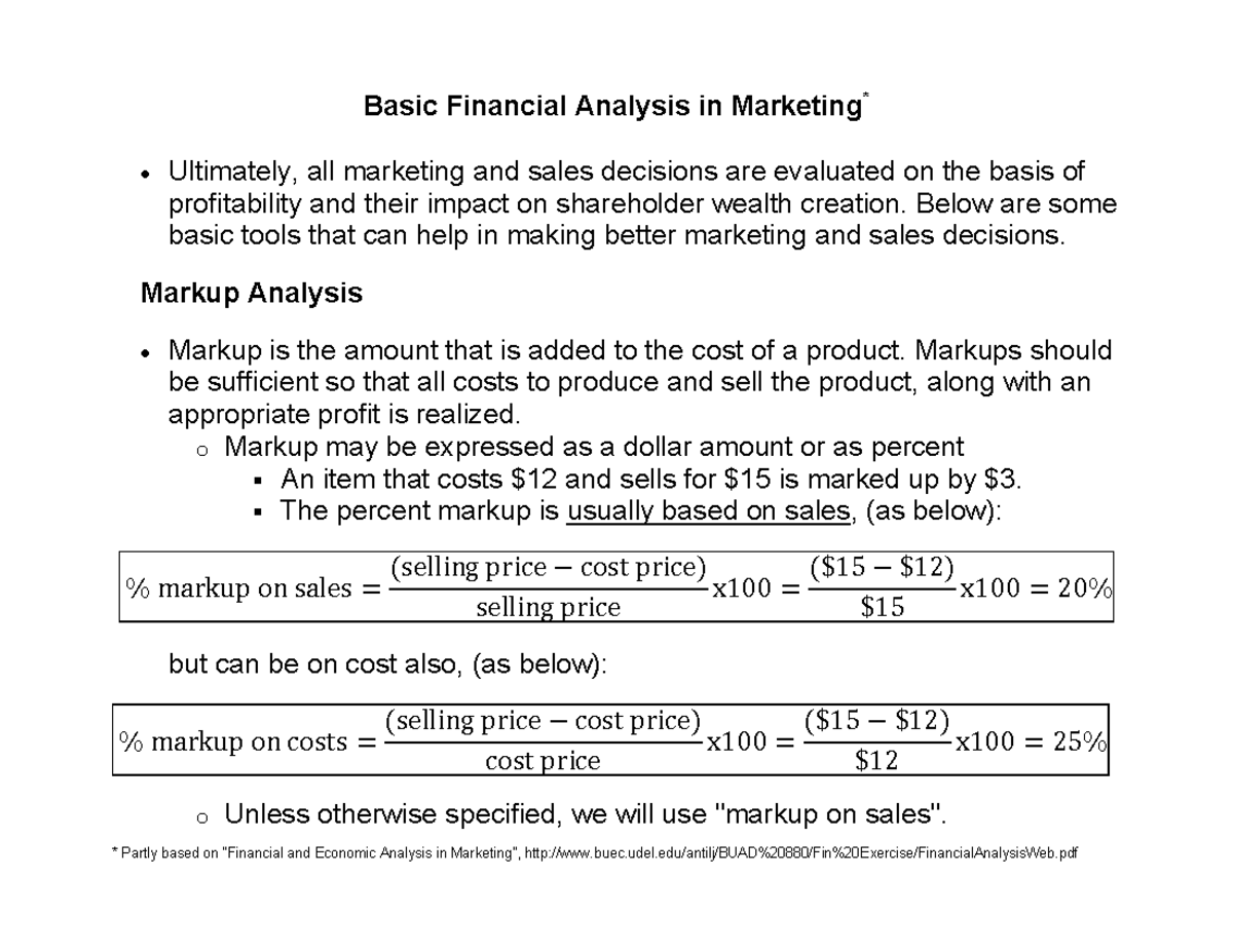 Basic Financial Analysis in Marketing - Basic Financial Analysis in ...
