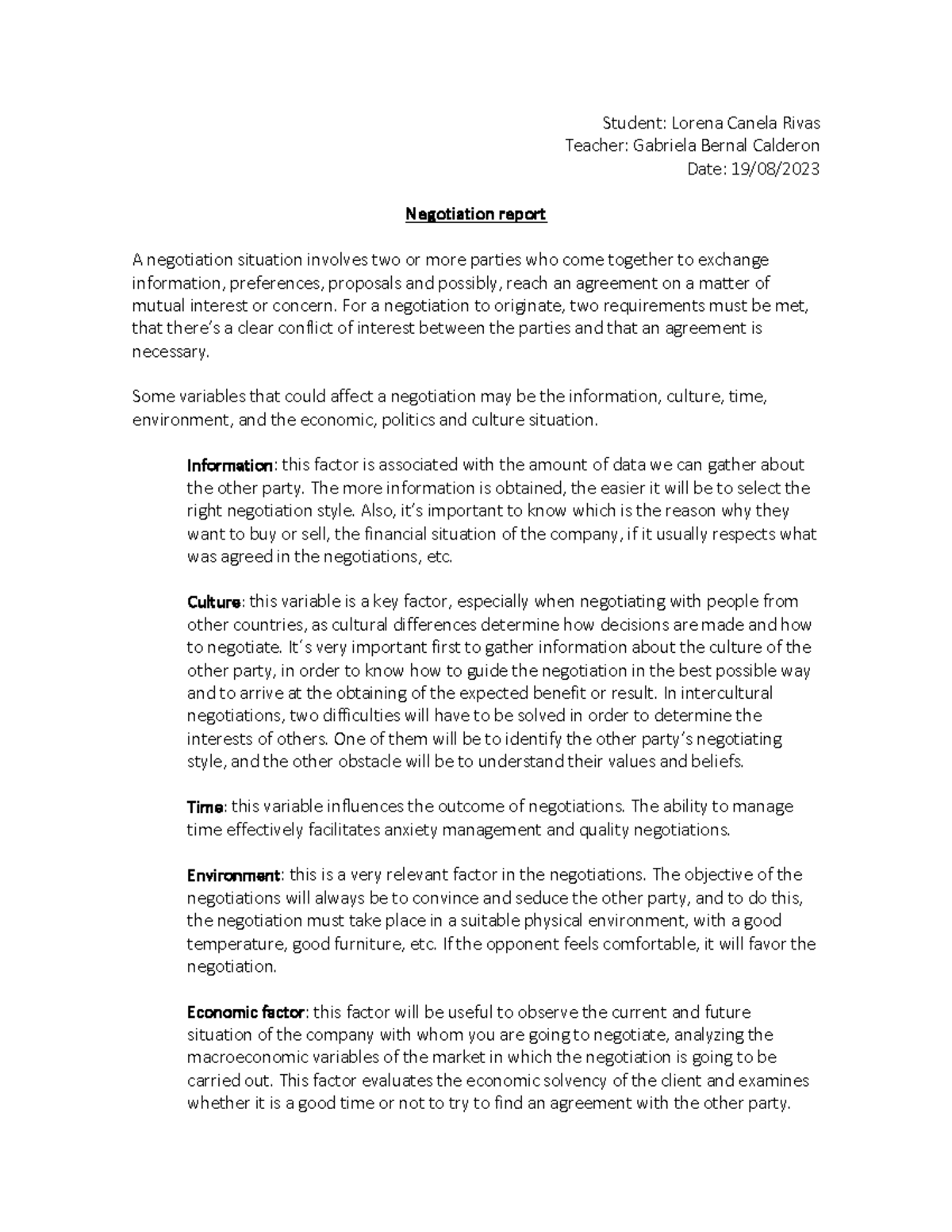 WEEK 1. Negotiation Report - Student: Lorena Canela Rivas Teacher ...