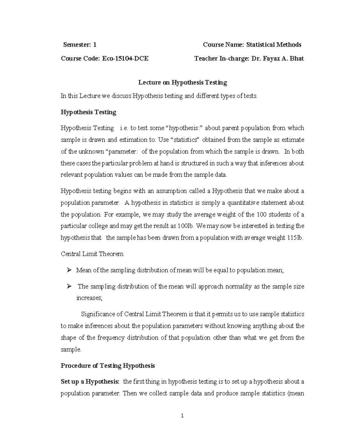 Topic ON Hypothesis Testing AND ITS Types - Semester: 1 Course Name ...