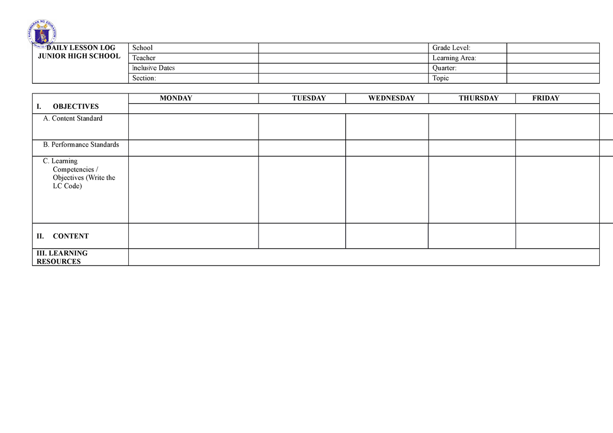 DLL WEEK 1 Copy - Daily Lesson Log - DAILY LESSON LOG JUNIOR HIGH ...