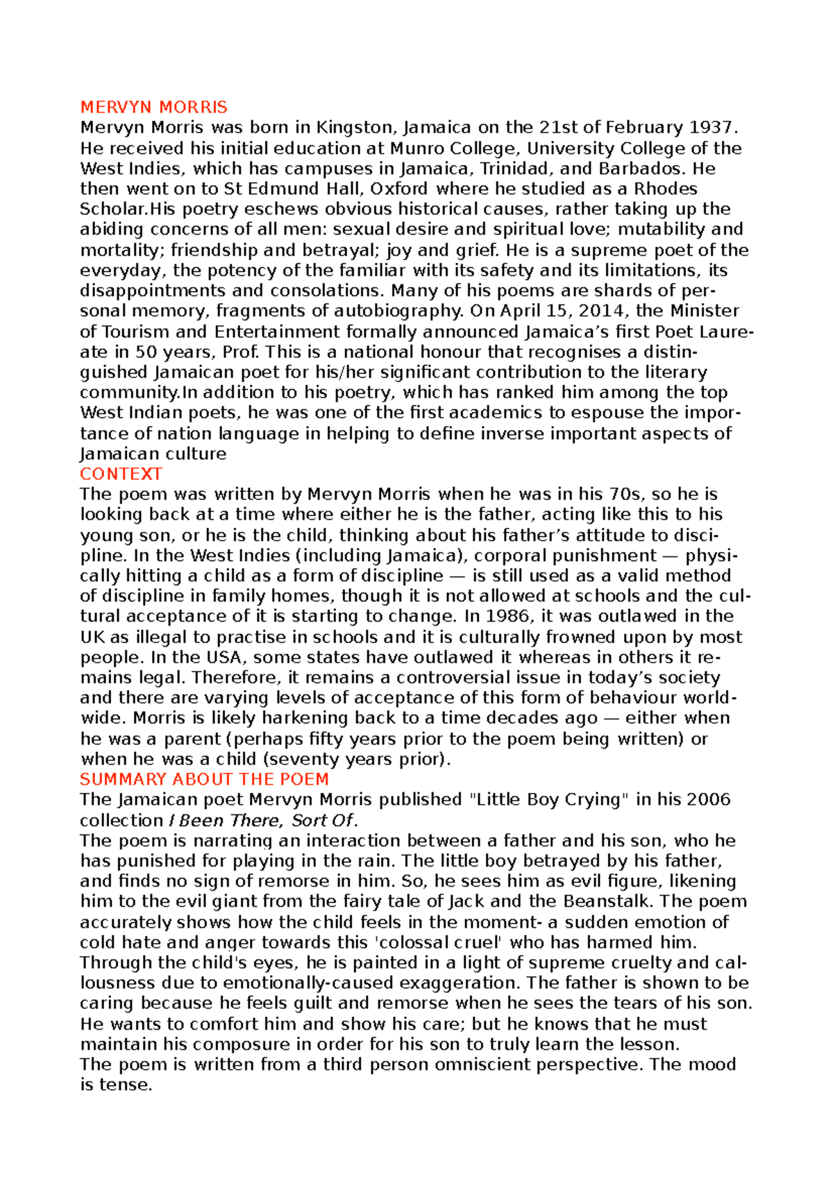 Little BOY Crying pdf MERVYN MORRIS Mervyn Morris was born in Kingston, Jamaica on the 21st of