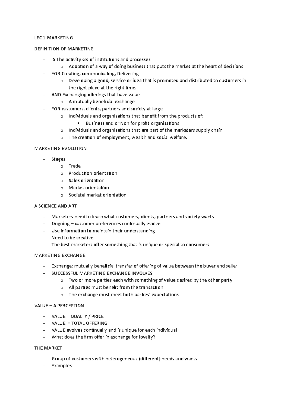 LEC 1 - Lecture notes 1 - LEC 1 MARKETING DEFINITION OF MARKETING - IS ...