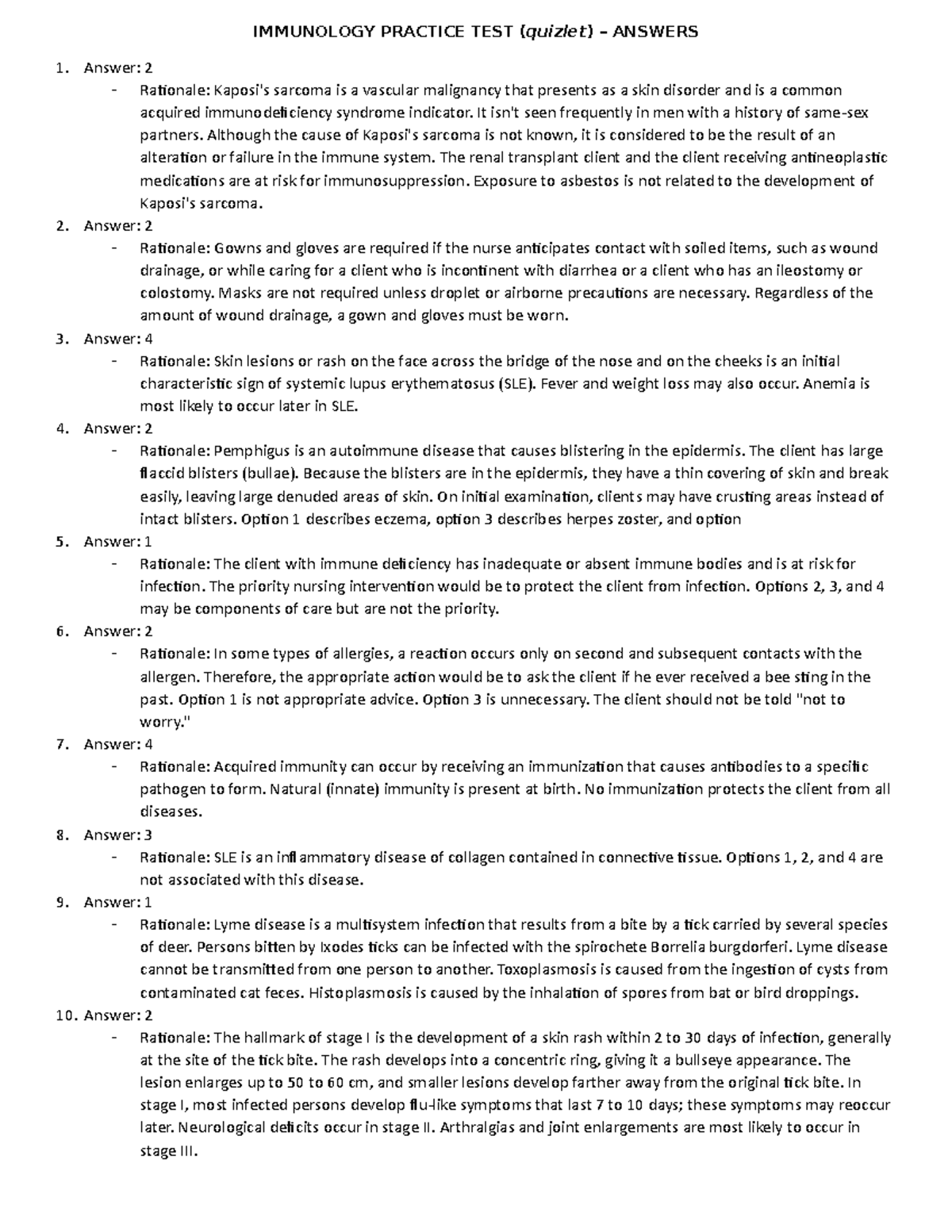 Immunology Practice TEST (quizlet) Answers Answer 2 Rationale