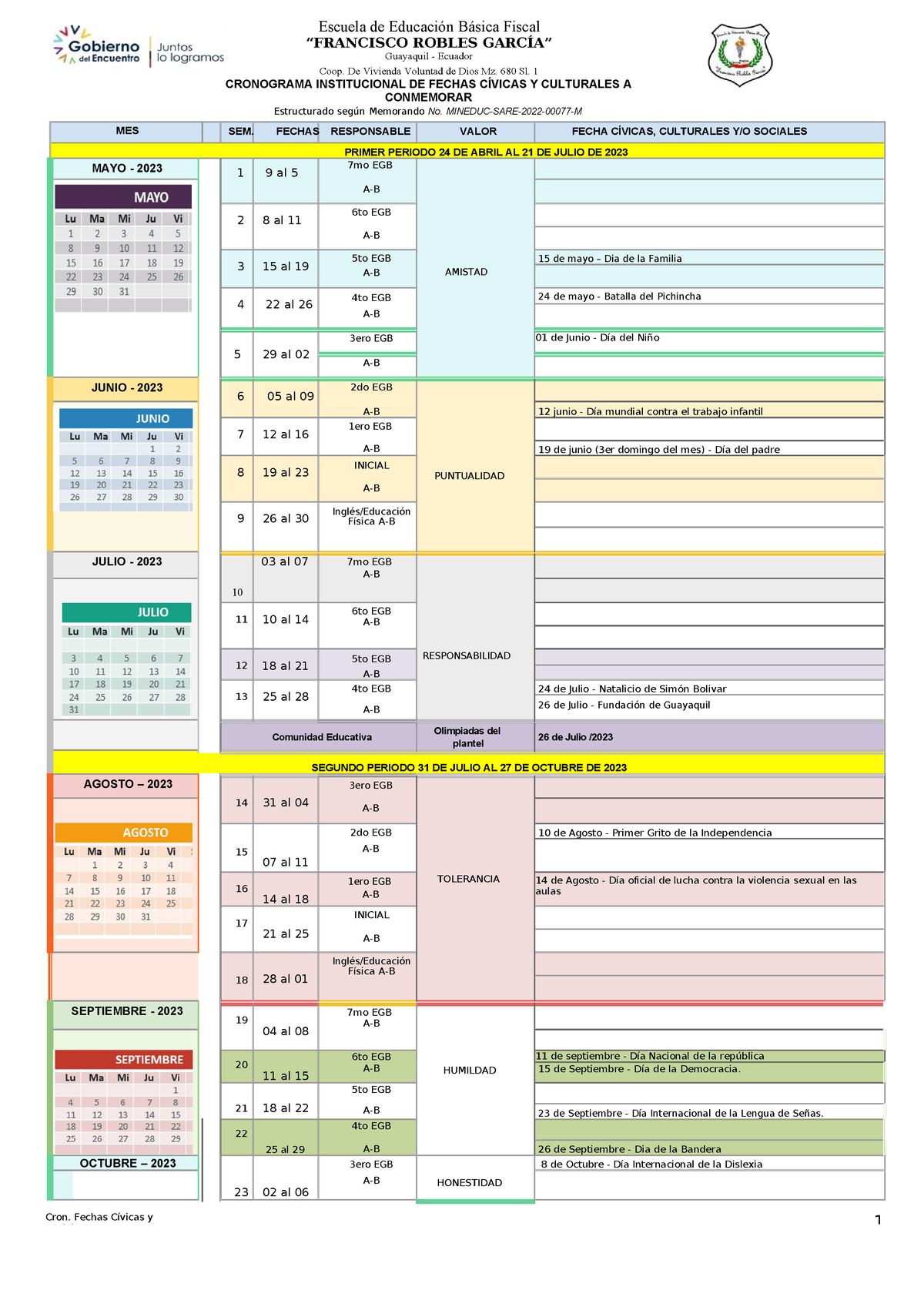 Cronograma DE Fechas Cívicas, Culturales Y Sociales 202324 Cron