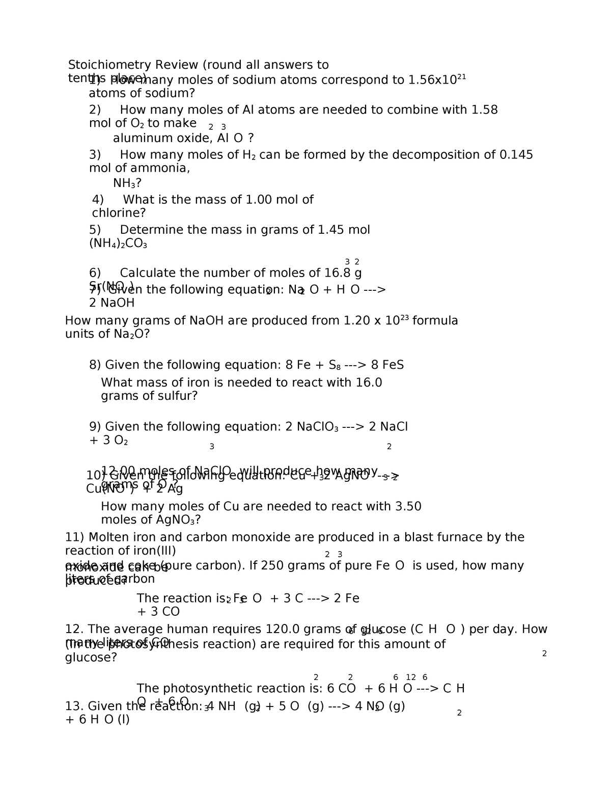 Chapter 7 Stoichiometry Review - Stoichiometry Review (round All ...