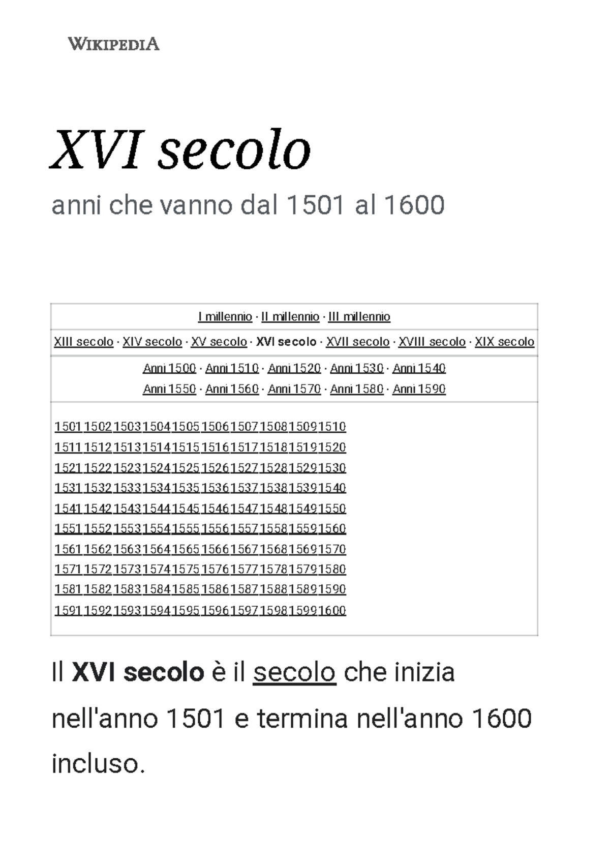 XVI secolo Wikipedia XVI secolo anni che vanno dal 1501 al 1600 I
