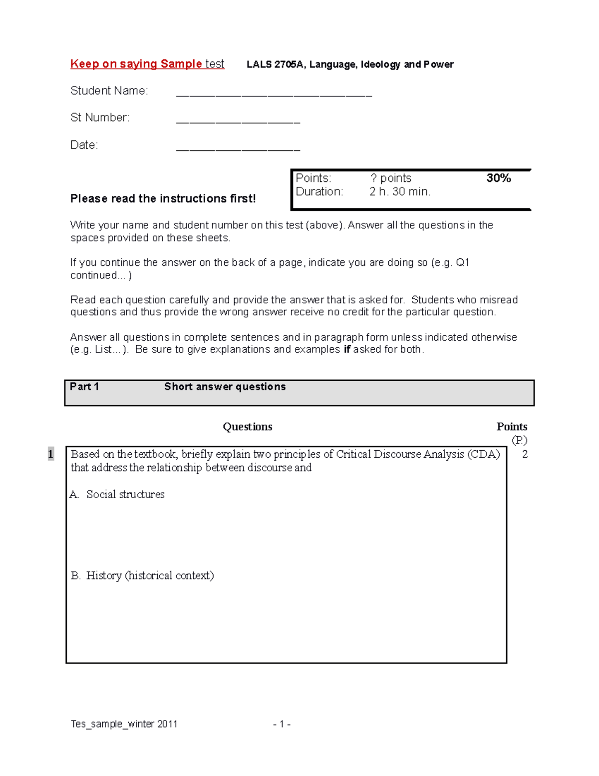 Test sample-1 - jkl; - Keep on saying Sample test LALS 2705A, Language ...