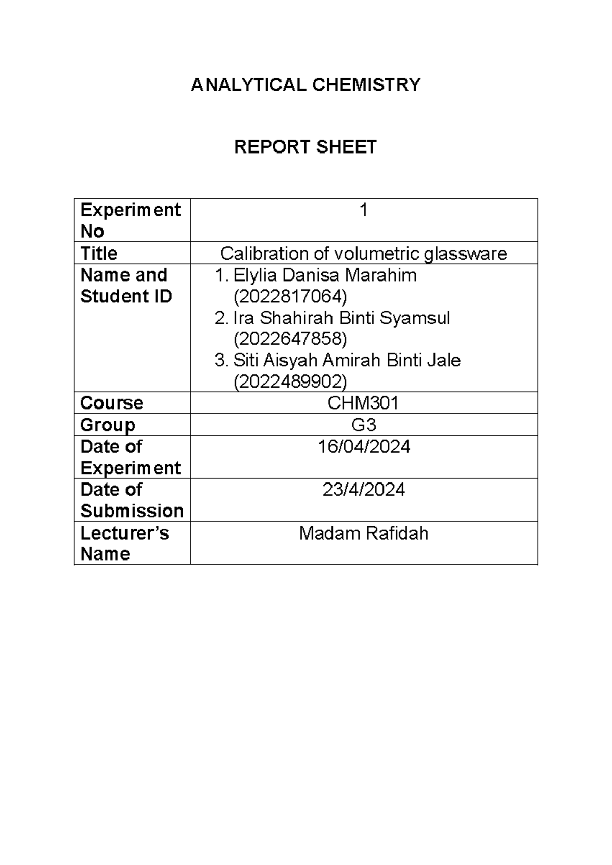 Datesheet Exp 1 (chm256) - ANALYTICAL CHEMISTRY REPORT SHEET Experiment ...