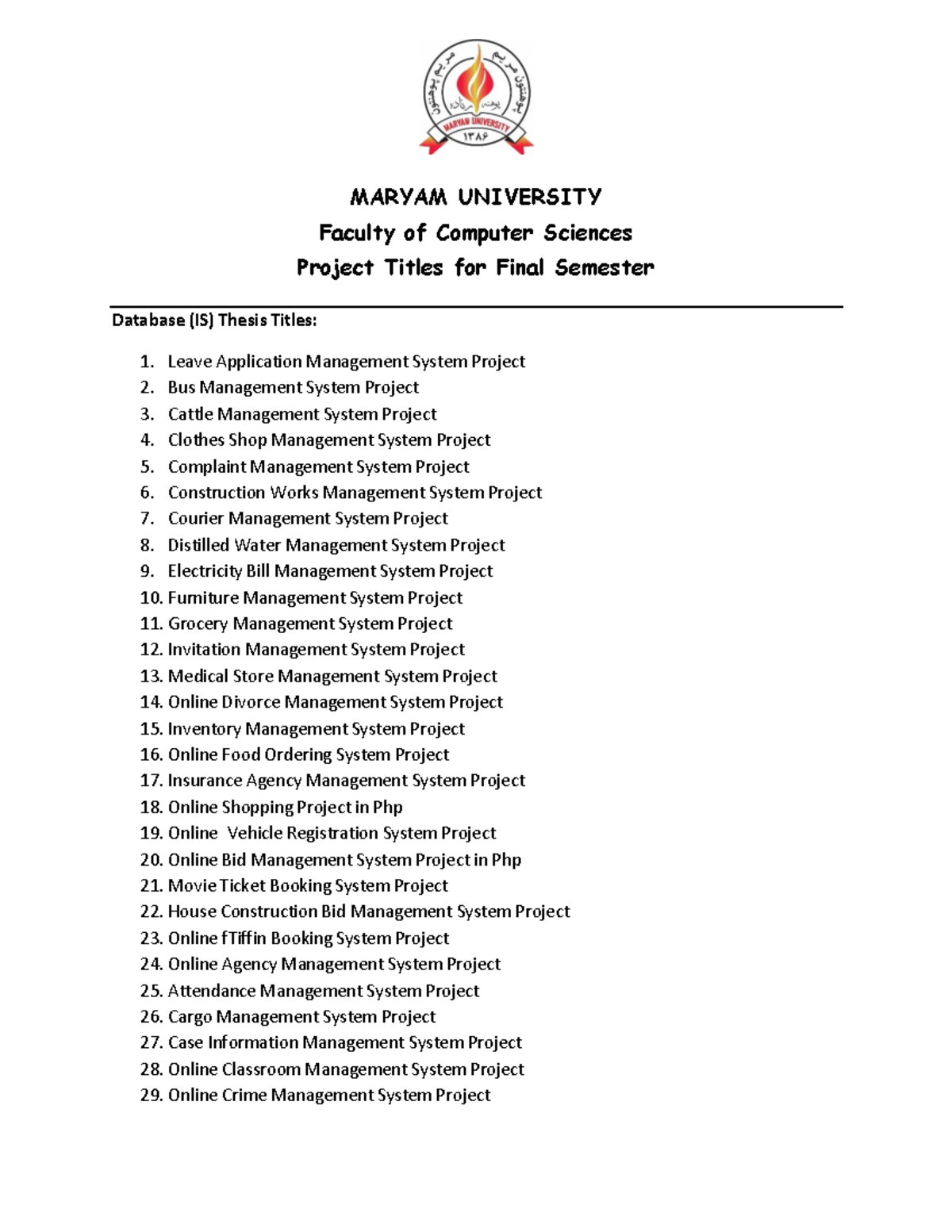 programming-project-list-for-8th-semester-maryam-university-faculty