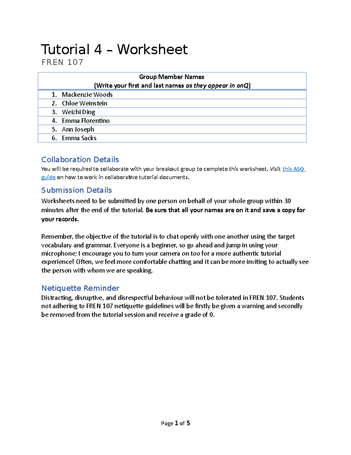 Room 3 - Tutorial 3 Group Work Submission. - Tutorial 4 – Worksheet ...