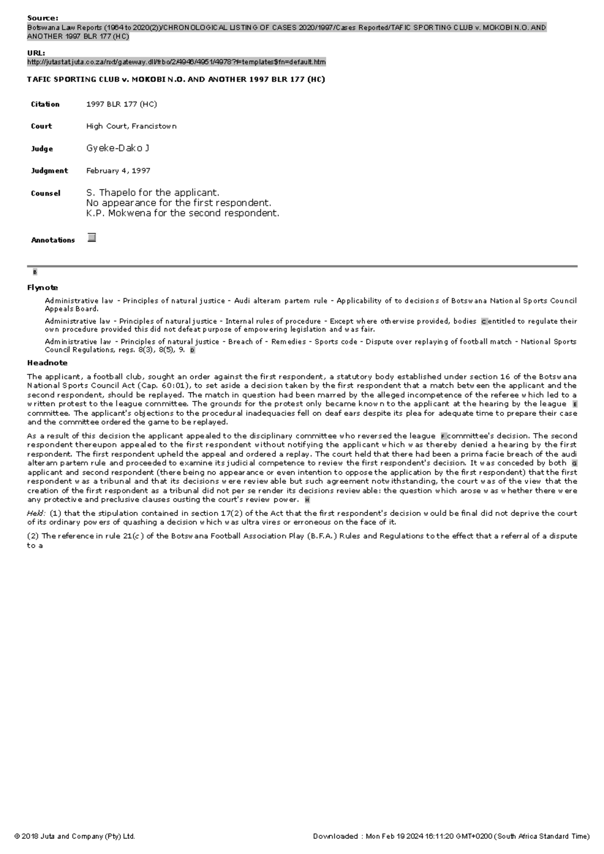 Tafic Sporting CLUB v. Mokobi N - Source: Botswana Law Reports (1964 to ...