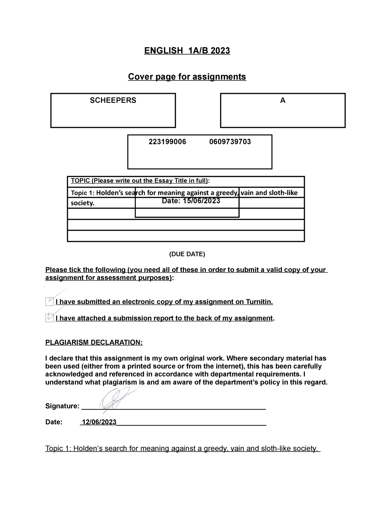 English 1A - Engilsh Essay - ENGLISH 1A/B 2023 Cover Page For ...