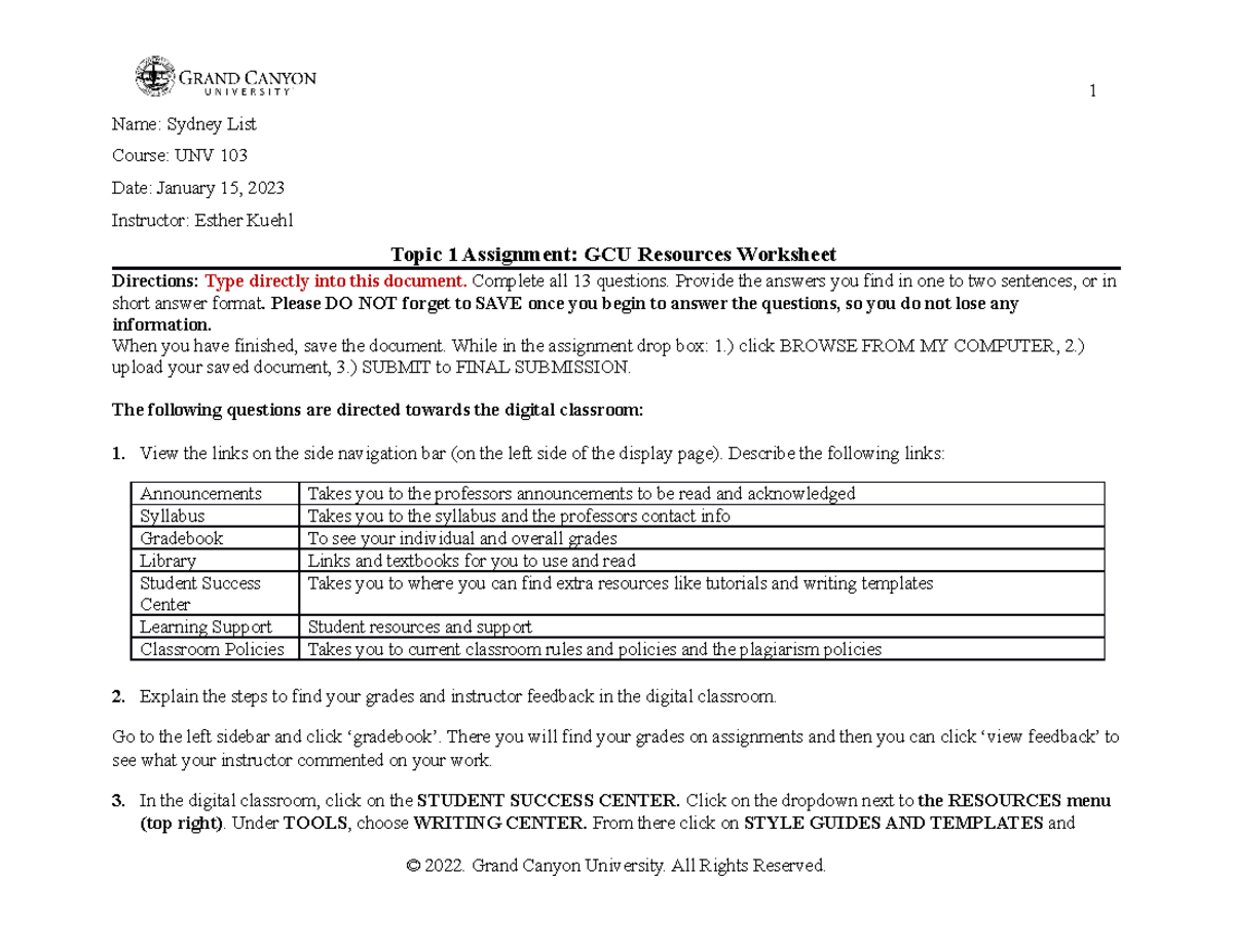 Unv 103 Gcu Resources 1 Name Sydney List Course Unv 103 Date